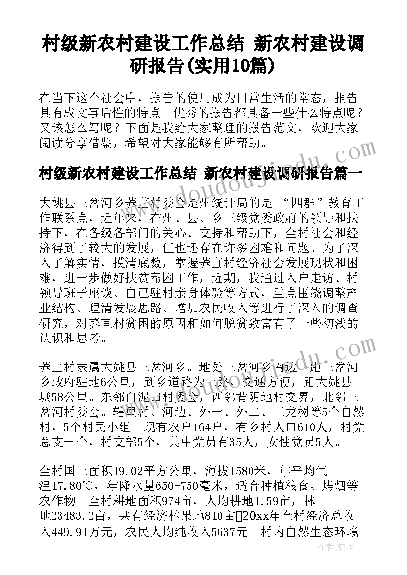 村级新农村建设工作总结 新农村建设调研报告(实用10篇)