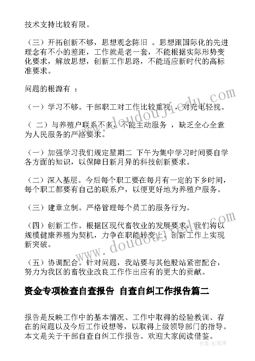 资金专项检查自查报告 自查自纠工作报告(精选5篇)