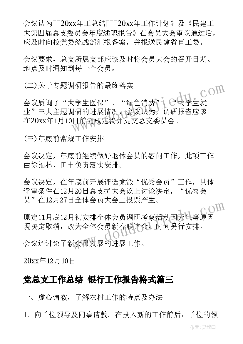 党总支工作总结 银行工作报告格式(汇总7篇)