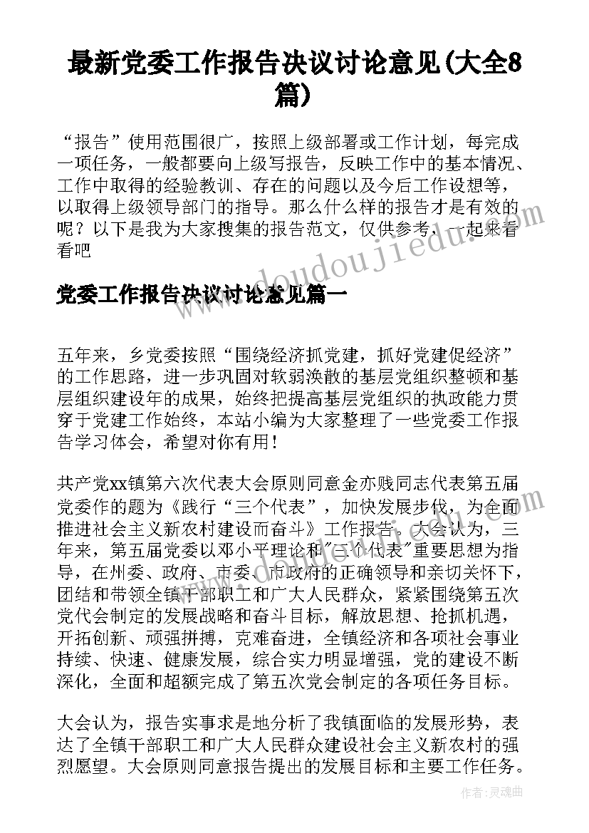 最新党委工作报告决议讨论意见(大全8篇)