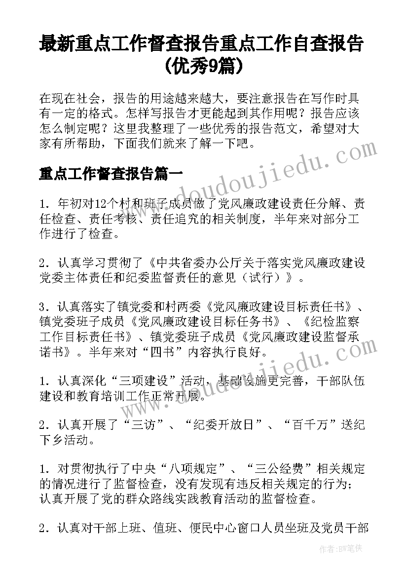 最新重点工作督查报告 重点工作自查报告(优秀9篇)