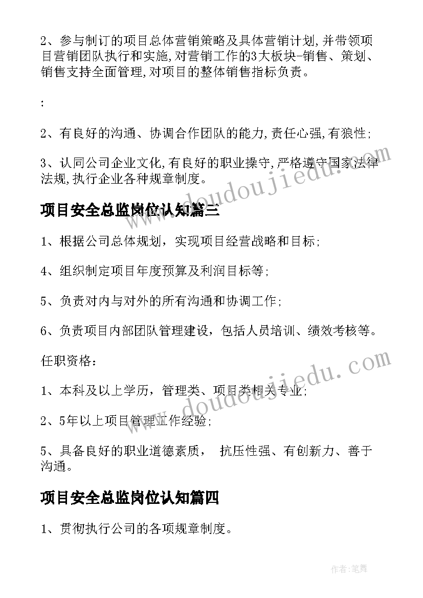 2023年项目安全总监岗位认知 项目副总监岗位职责(实用10篇)