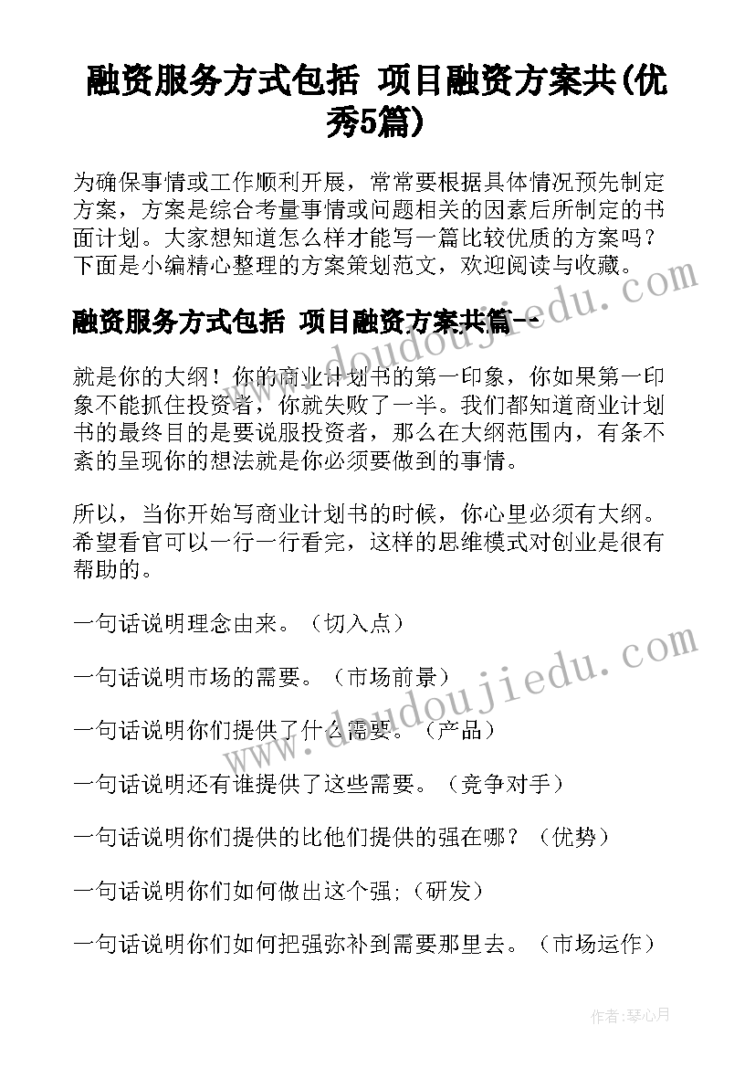 融资服务方式包括 项目融资方案共(优秀5篇)