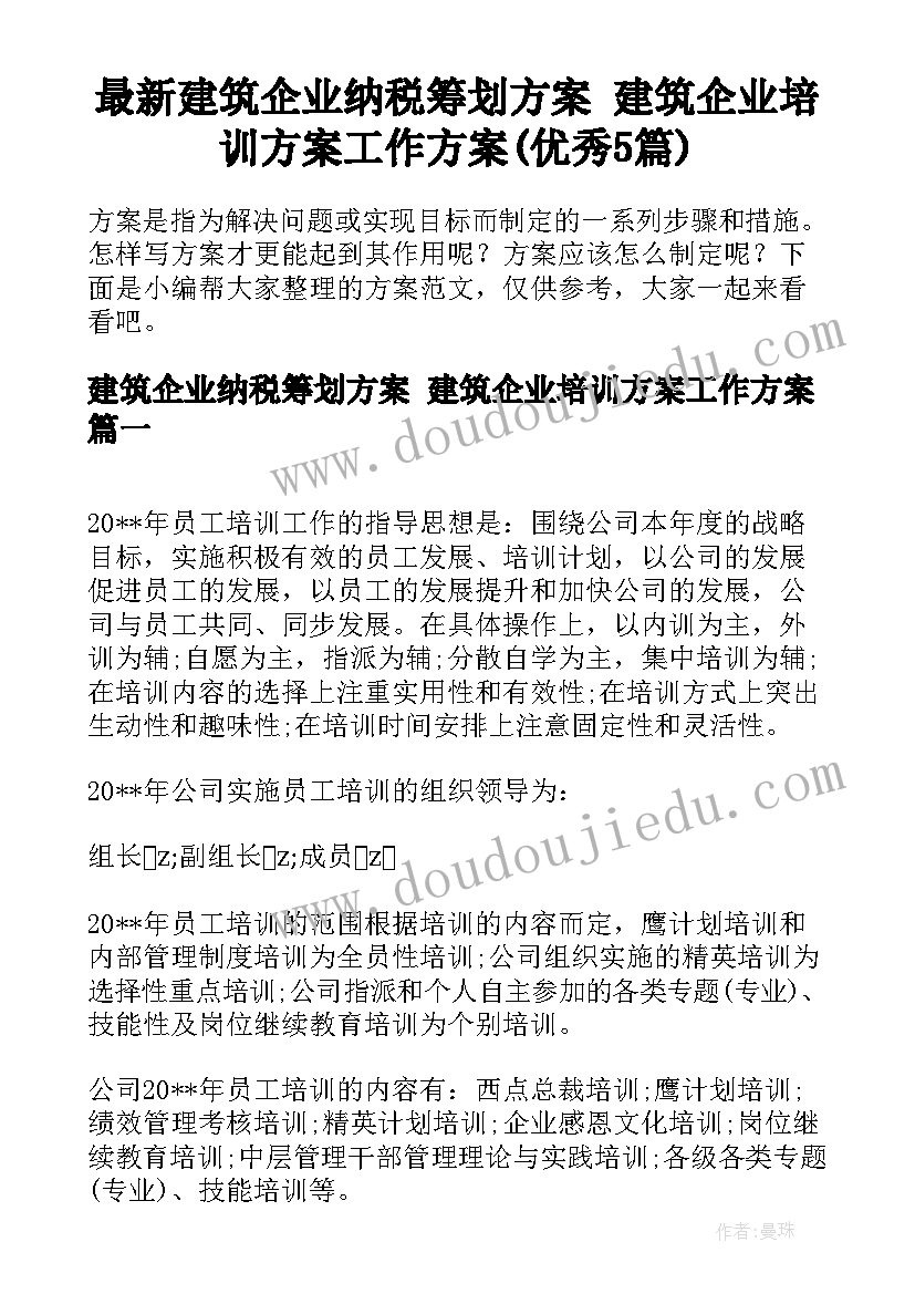 最新建筑企业纳税筹划方案 建筑企业培训方案工作方案(优秀5篇)