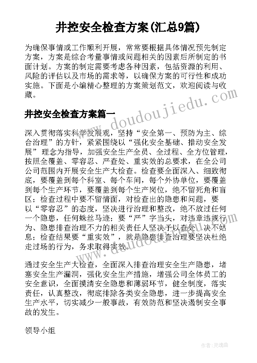 井控安全检查方案(汇总9篇)