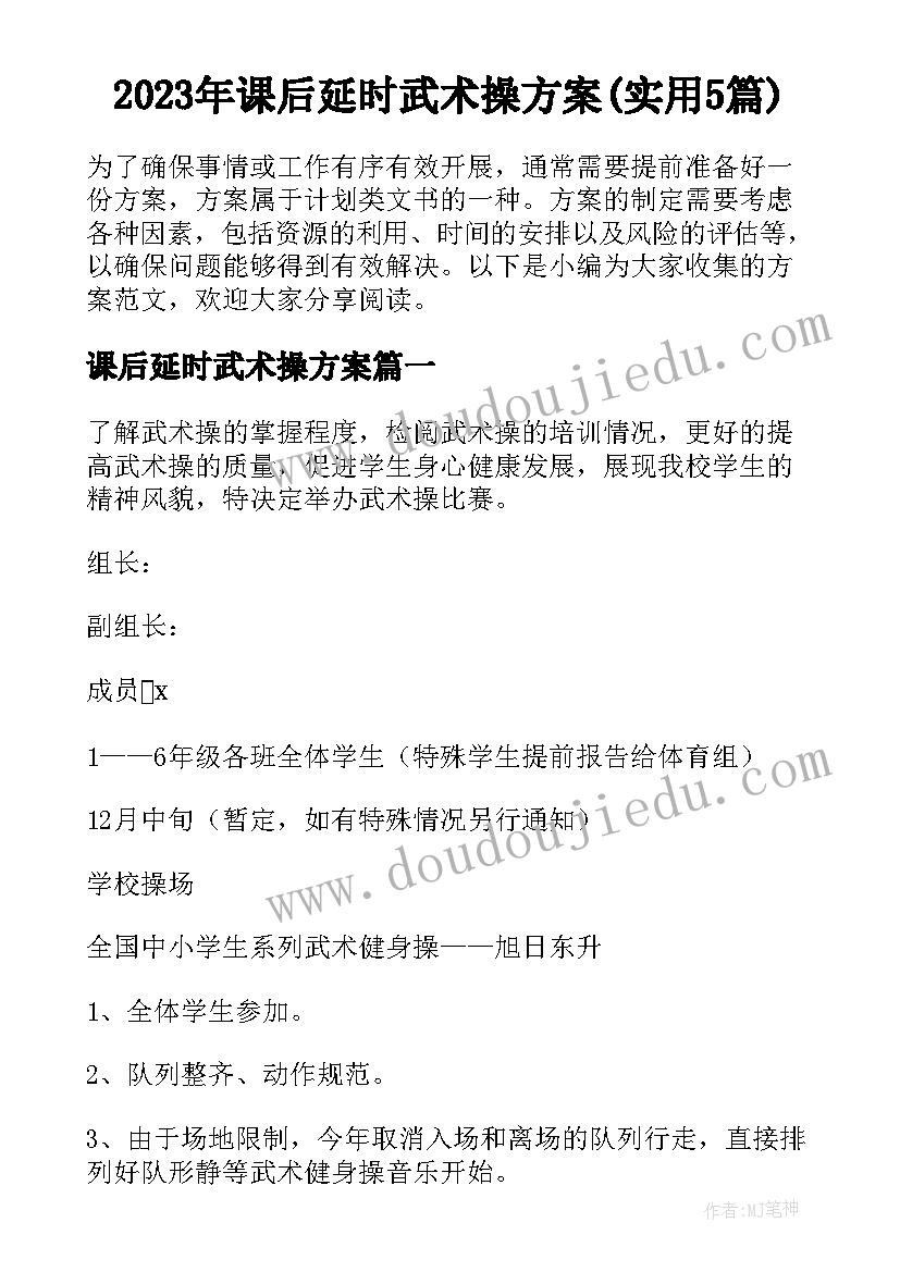 2023年课后延时武术操方案(实用5篇)