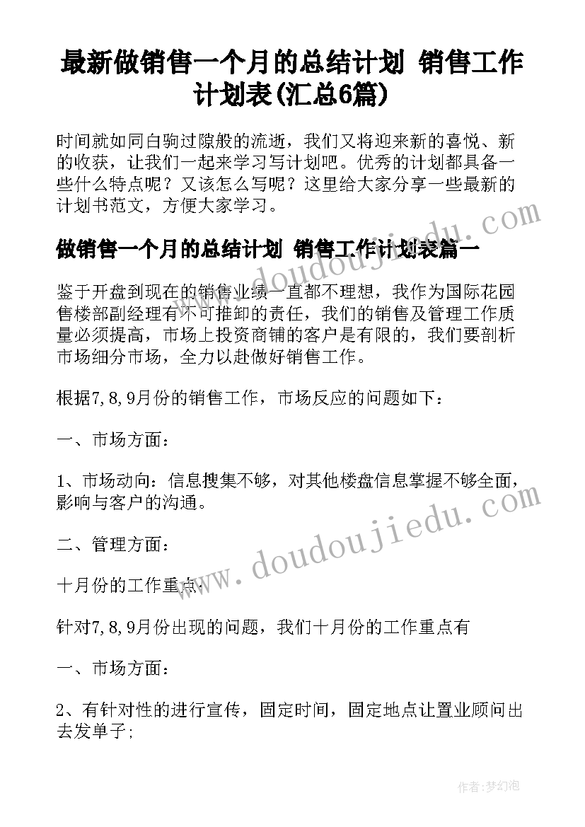 最新做销售一个月的总结计划 销售工作计划表(汇总6篇)