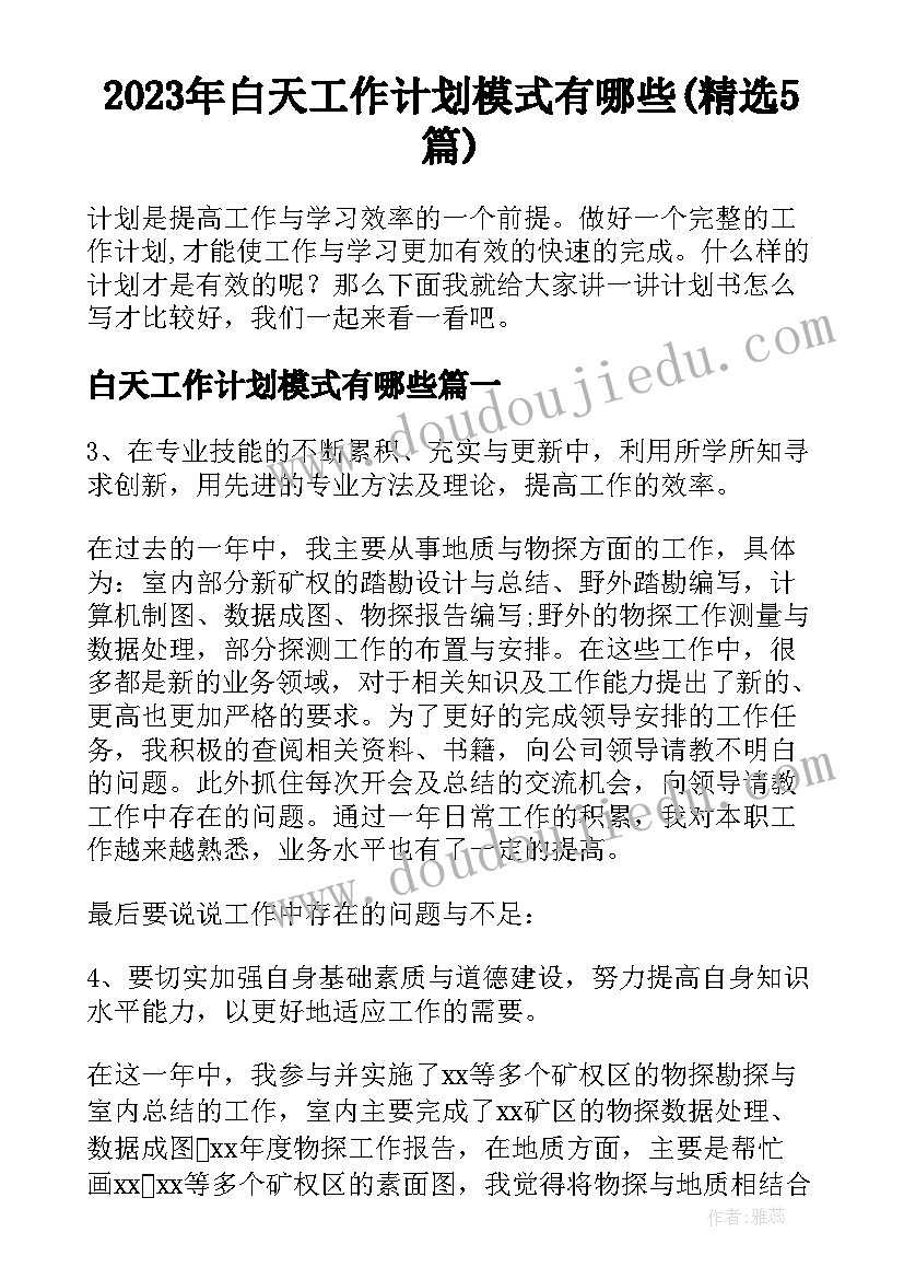 2023年白天工作计划模式有哪些(精选5篇)