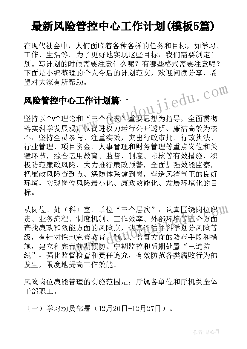 最新风险管控中心工作计划(模板5篇)