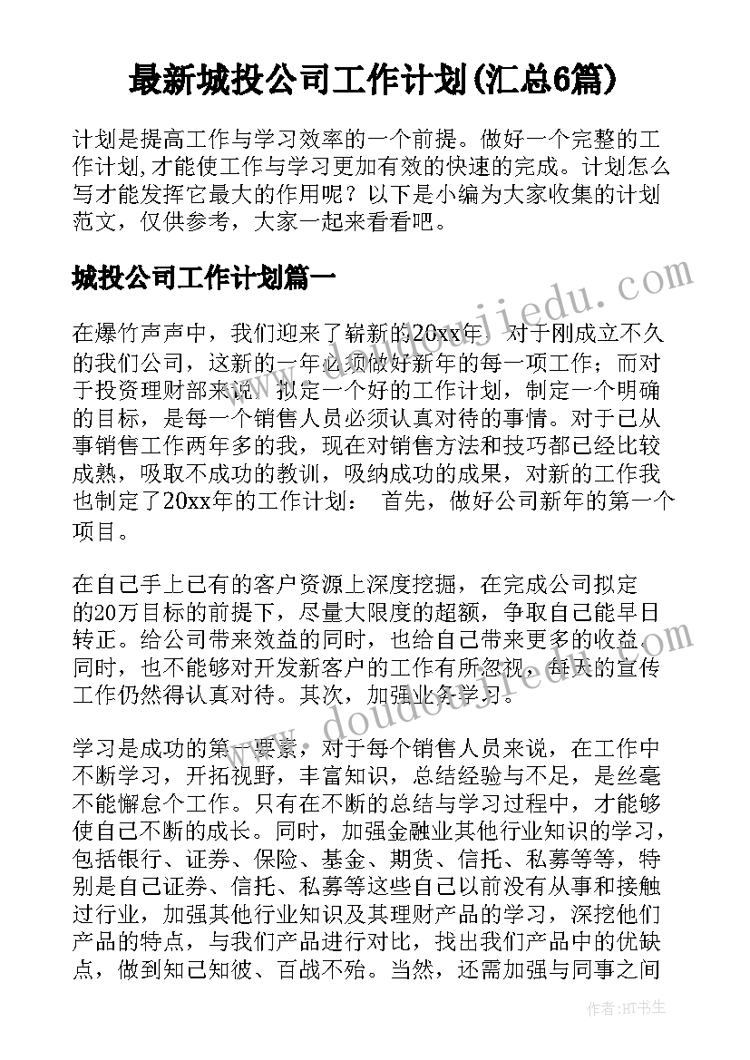 最新城投公司工作计划(汇总6篇)