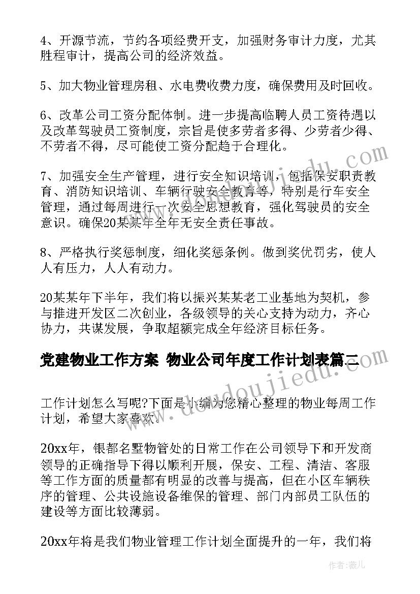 最新党建物业工作方案 物业公司年度工作计划表(模板6篇)