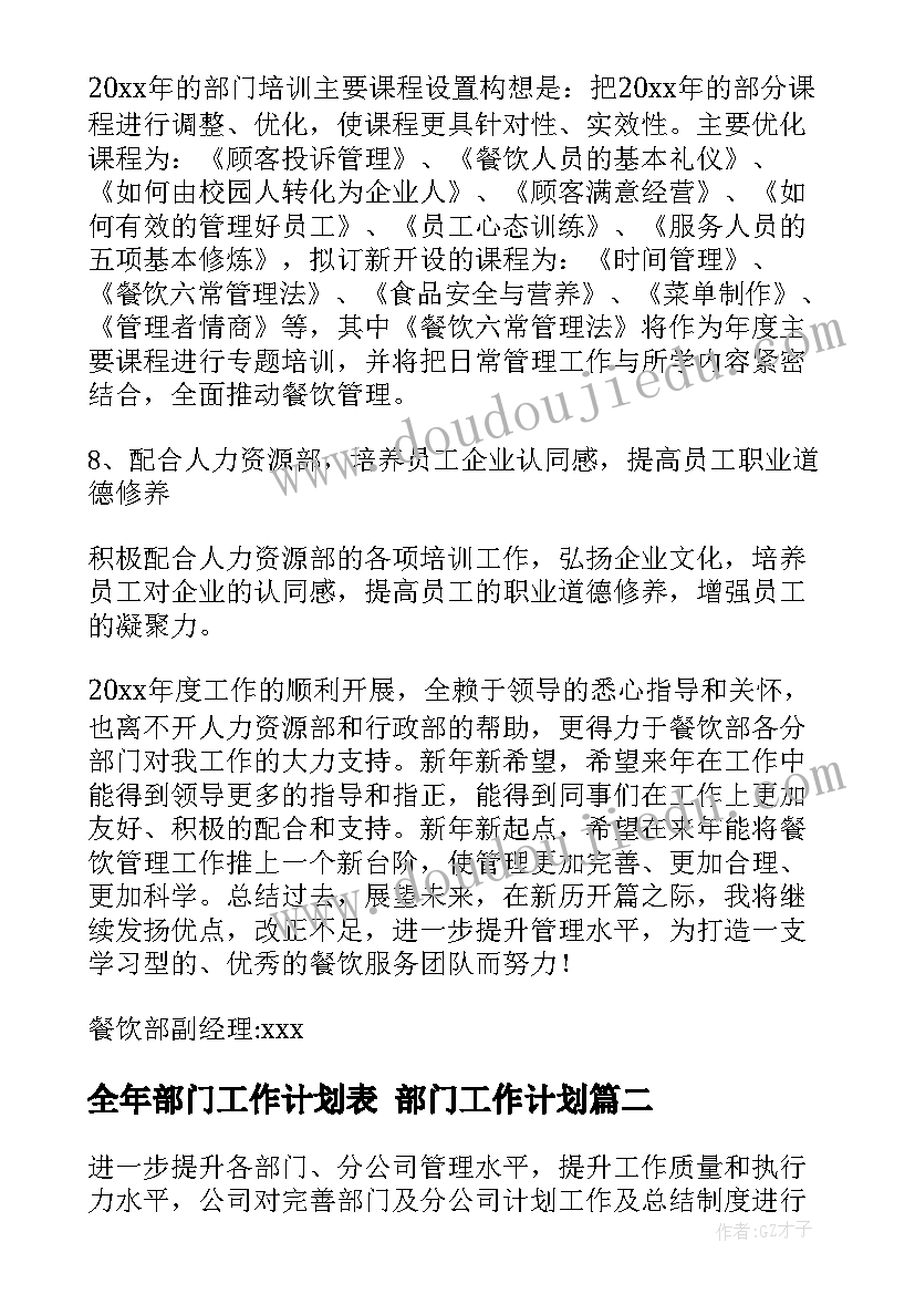 全年部门工作计划表 部门工作计划(优质6篇)