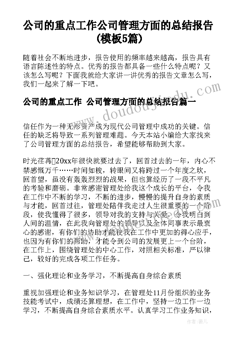 公司的重点工作 公司管理方面的总结报告(模板5篇)