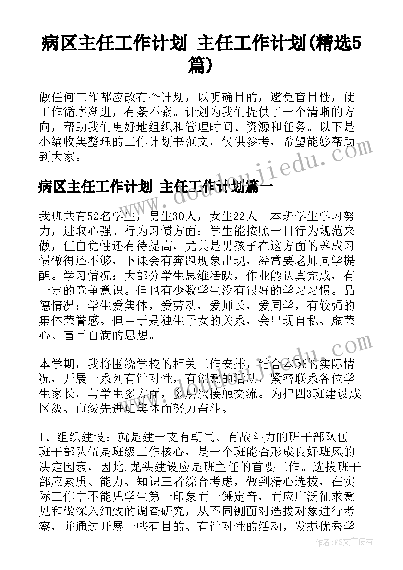 病区主任工作计划 主任工作计划(精选5篇)