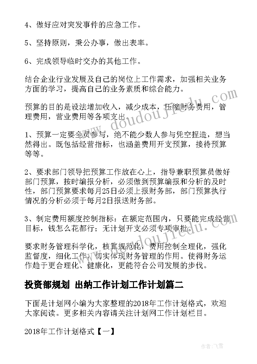 最新投资部规划 出纳工作计划工作计划(模板5篇)