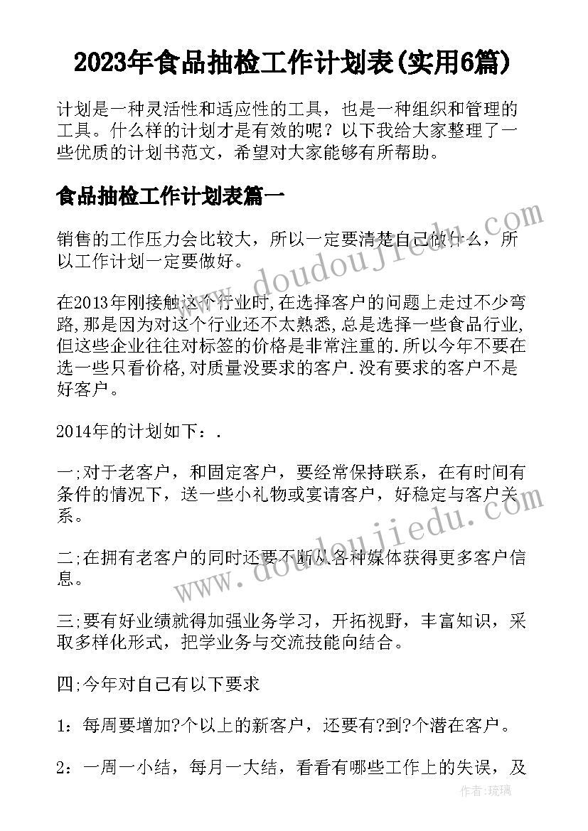 2023年食品抽检工作计划表(实用6篇)