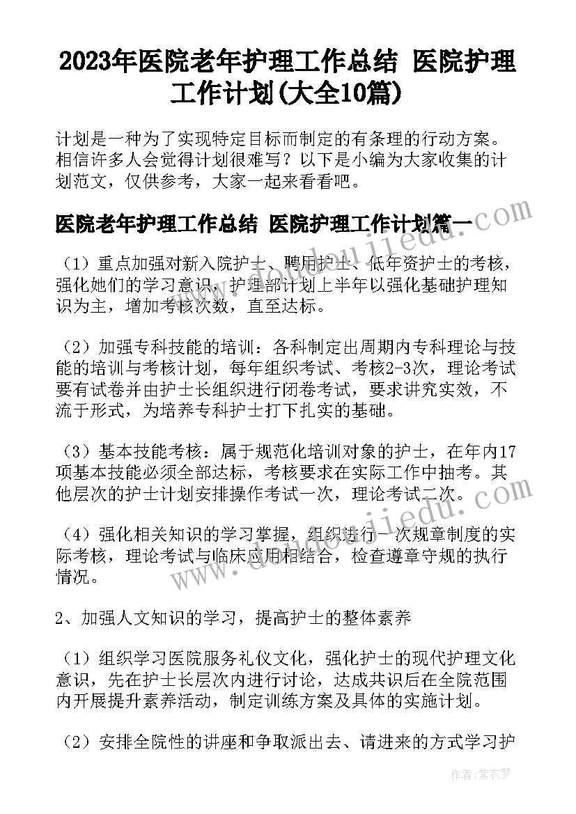 2023年医院老年护理工作总结 医院护理工作计划(大全10篇)