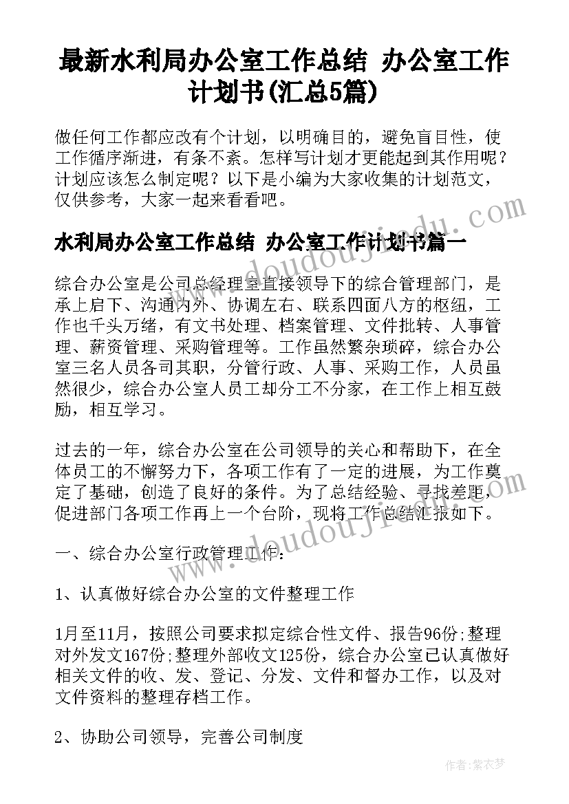 最新水利局办公室工作总结 办公室工作计划书(汇总5篇)