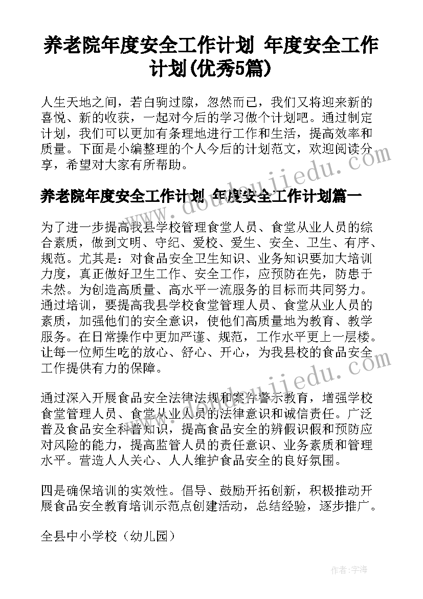 养老院年度安全工作计划 年度安全工作计划(优秀5篇)