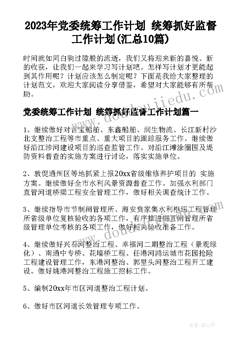 2023年党委统筹工作计划 统筹抓好监督工作计划(汇总10篇)