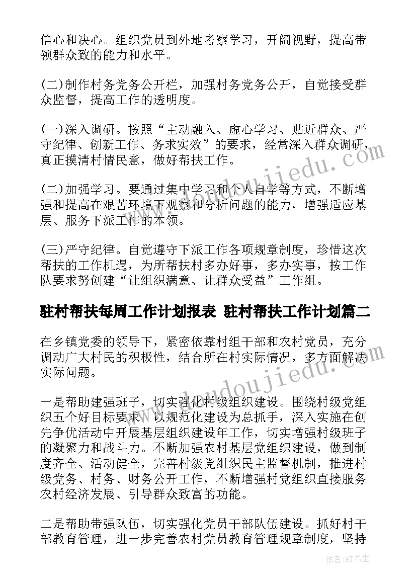 驻村帮扶每周工作计划报表 驻村帮扶工作计划(通用7篇)