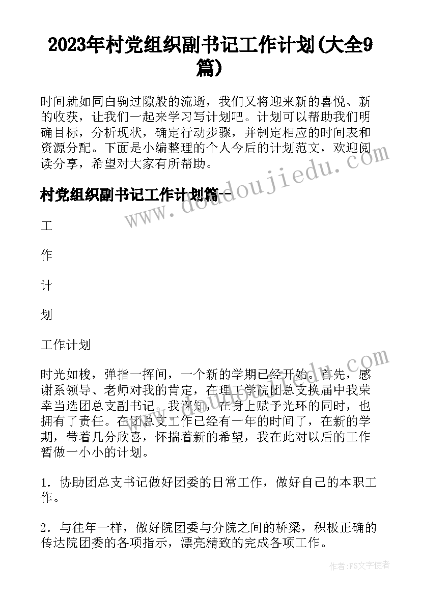 2023年村党组织副书记工作计划(大全9篇)