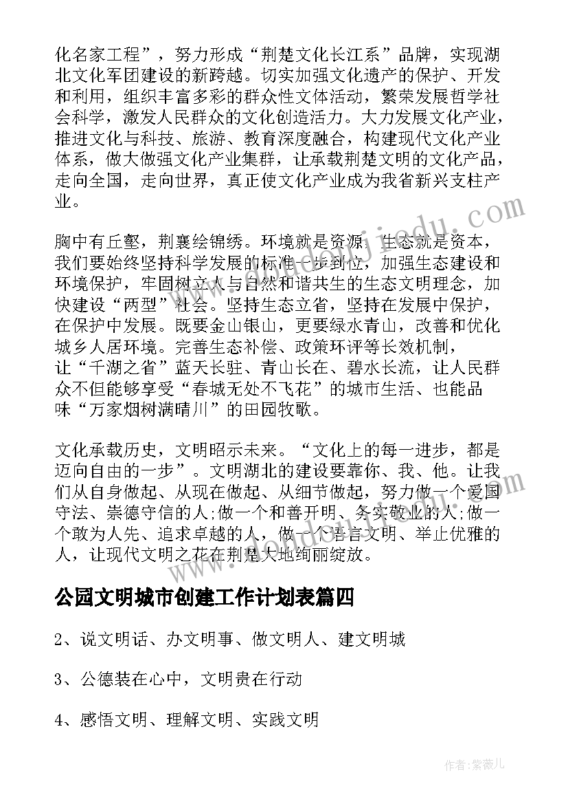 最新公园文明城市创建工作计划表(优质8篇)