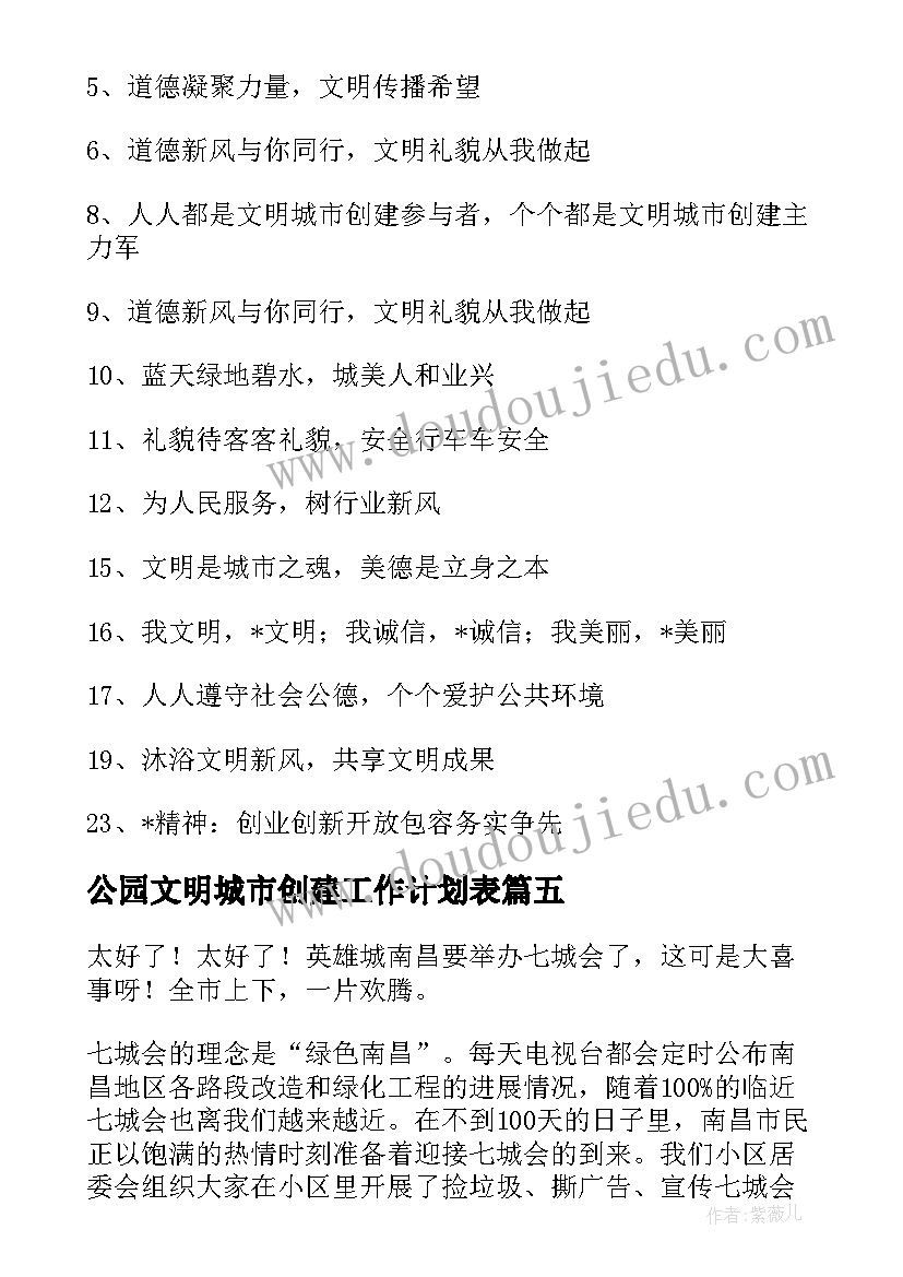 最新公园文明城市创建工作计划表(优质8篇)