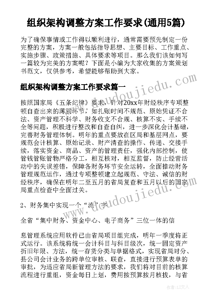 组织架构调整方案工作要求(通用5篇)