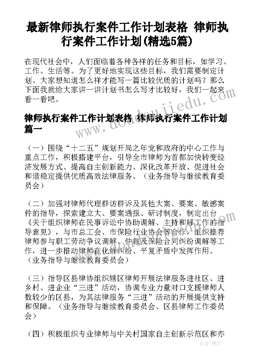 最新律师执行案件工作计划表格 律师执行案件工作计划(精选5篇)