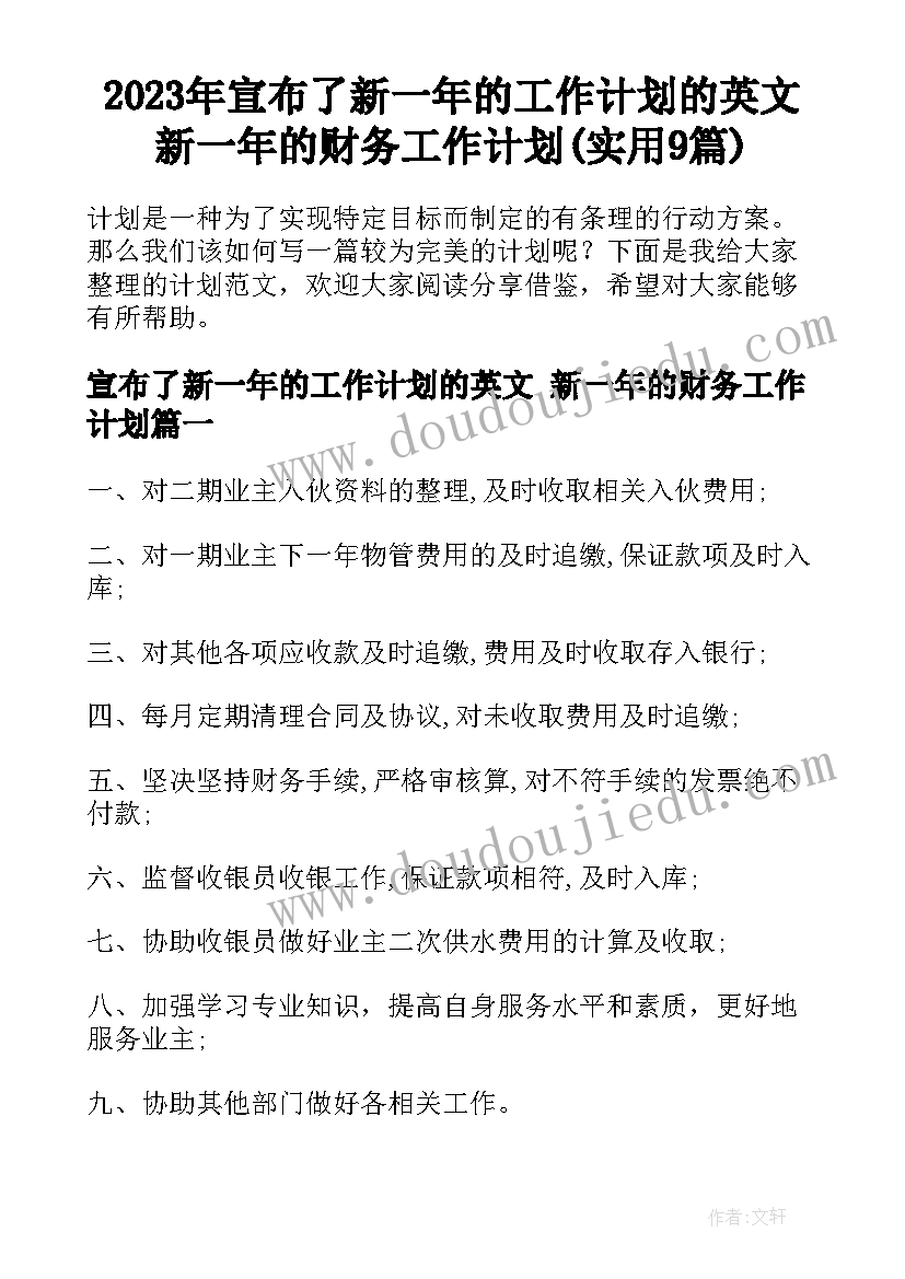 2023年宣布了新一年的工作计划的英文 新一年的财务工作计划(实用9篇)