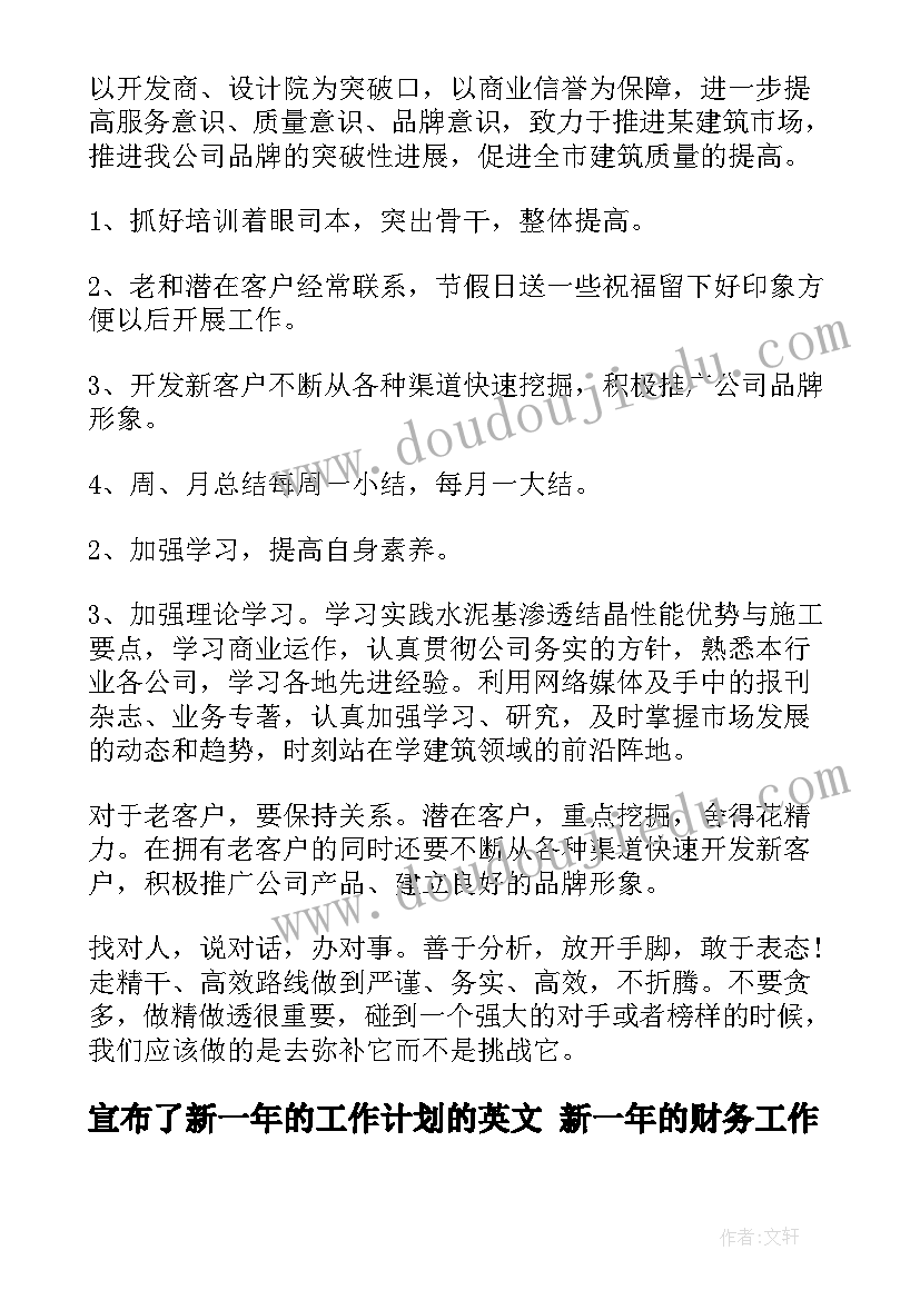 2023年宣布了新一年的工作计划的英文 新一年的财务工作计划(实用9篇)