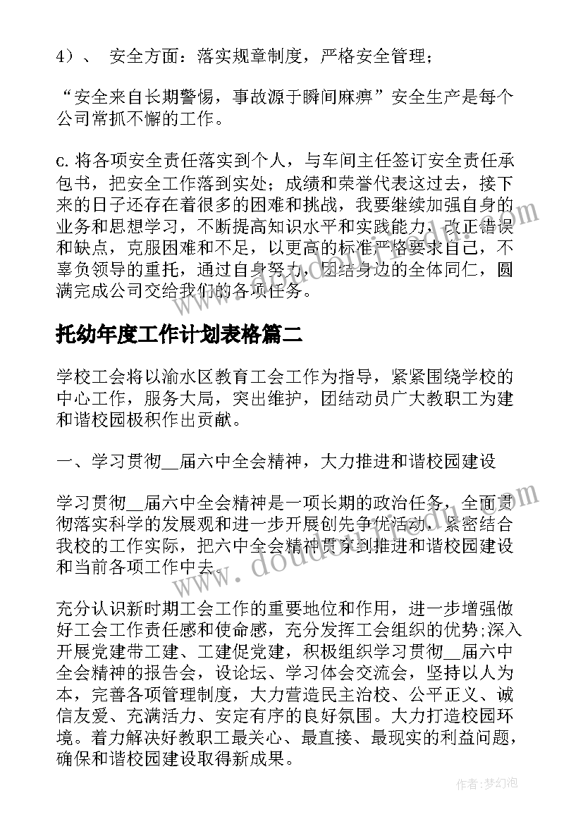 托幼年度工作计划表格(通用8篇)