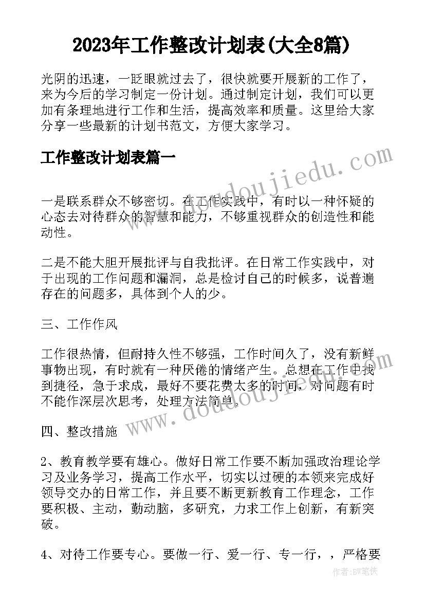 2023年工作整改计划表(大全8篇)