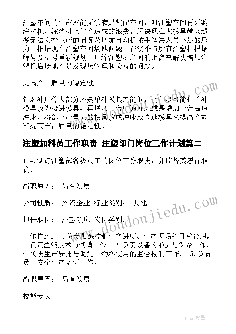 最新注塑加料员工作职责 注塑部门岗位工作计划(精选5篇)