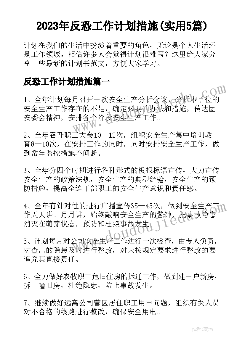 2023年反恐工作计划措施(实用5篇)