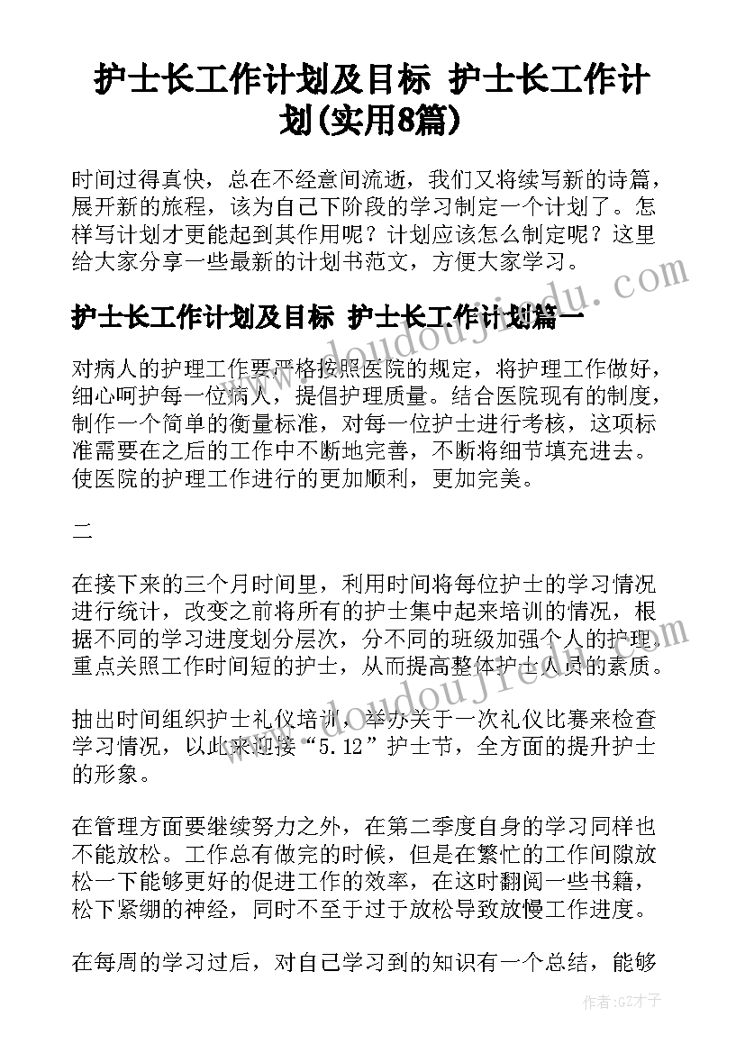 护士长工作计划及目标 护士长工作计划(实用8篇)