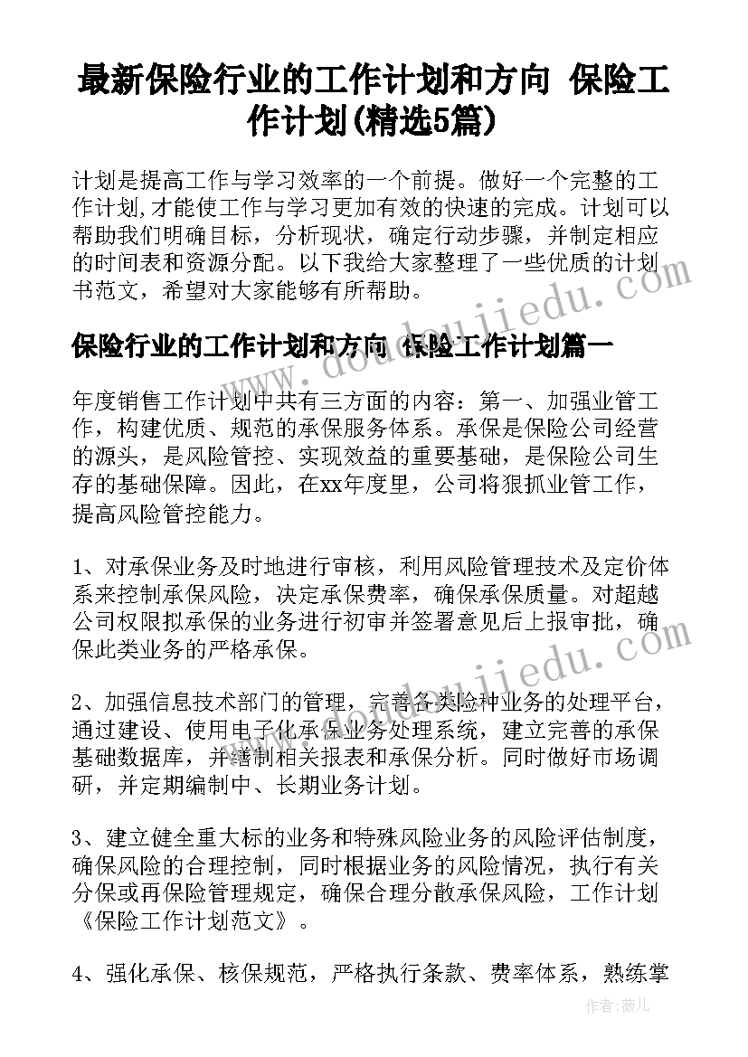 最新保险行业的工作计划和方向 保险工作计划(精选5篇)