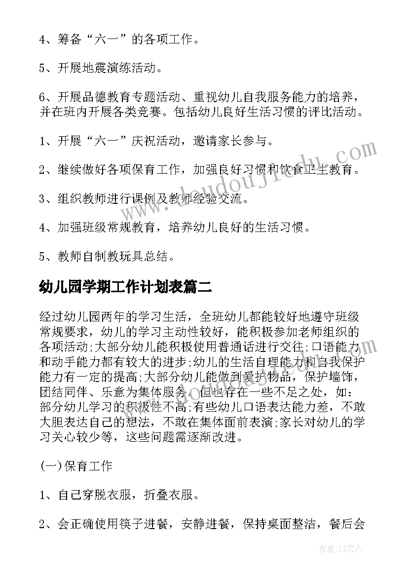 最新幼儿园学期工作计划表(模板6篇)