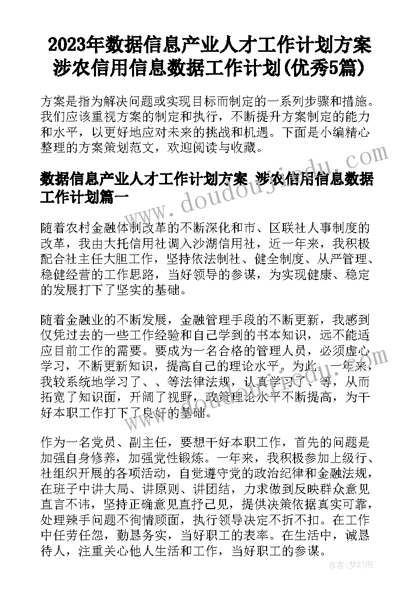 2023年数据信息产业人才工作计划方案 涉农信用信息数据工作计划(优秀5篇)