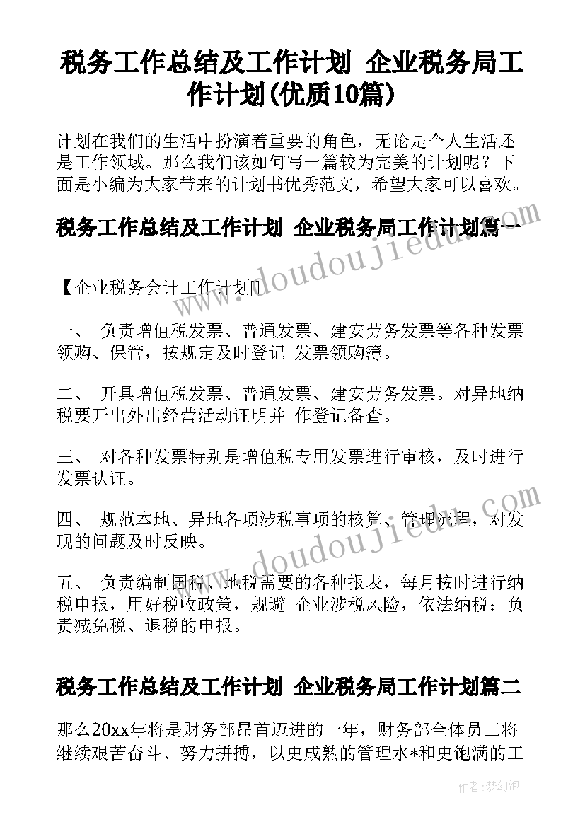 税务工作总结及工作计划 企业税务局工作计划(优质10篇)