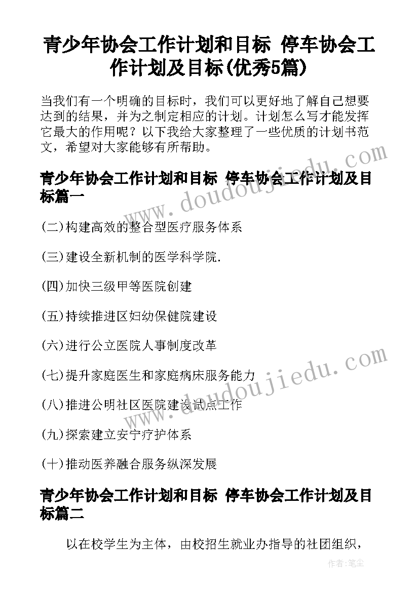 青少年协会工作计划和目标 停车协会工作计划及目标(优秀5篇)