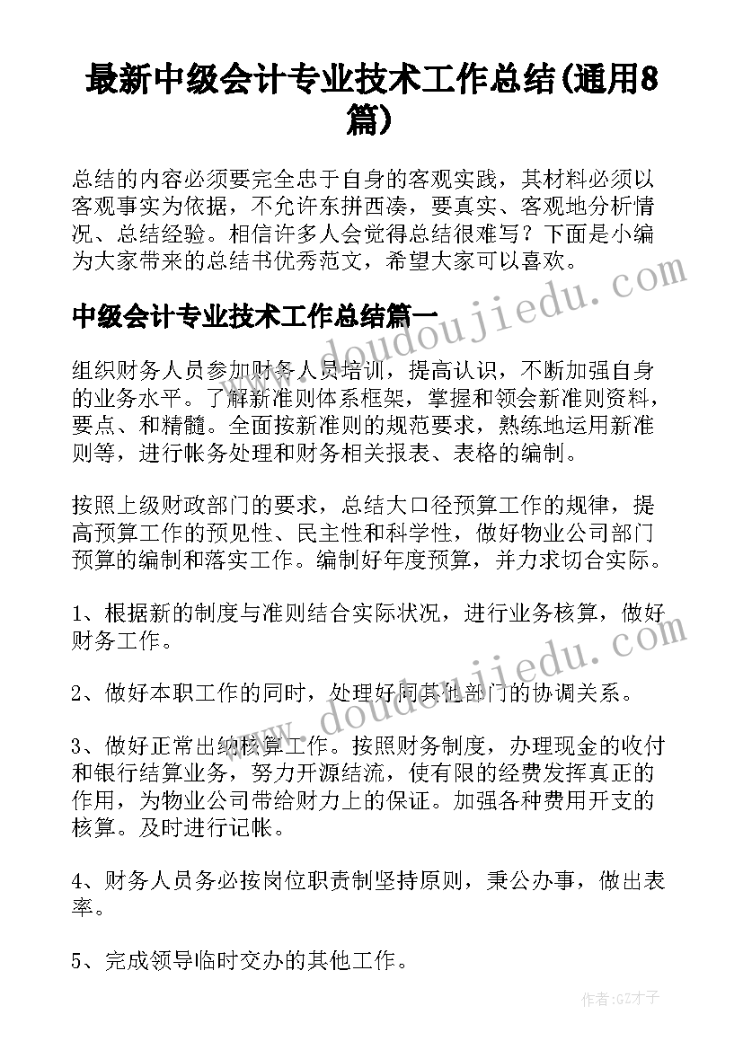 最新中级会计专业技术工作总结(通用8篇)