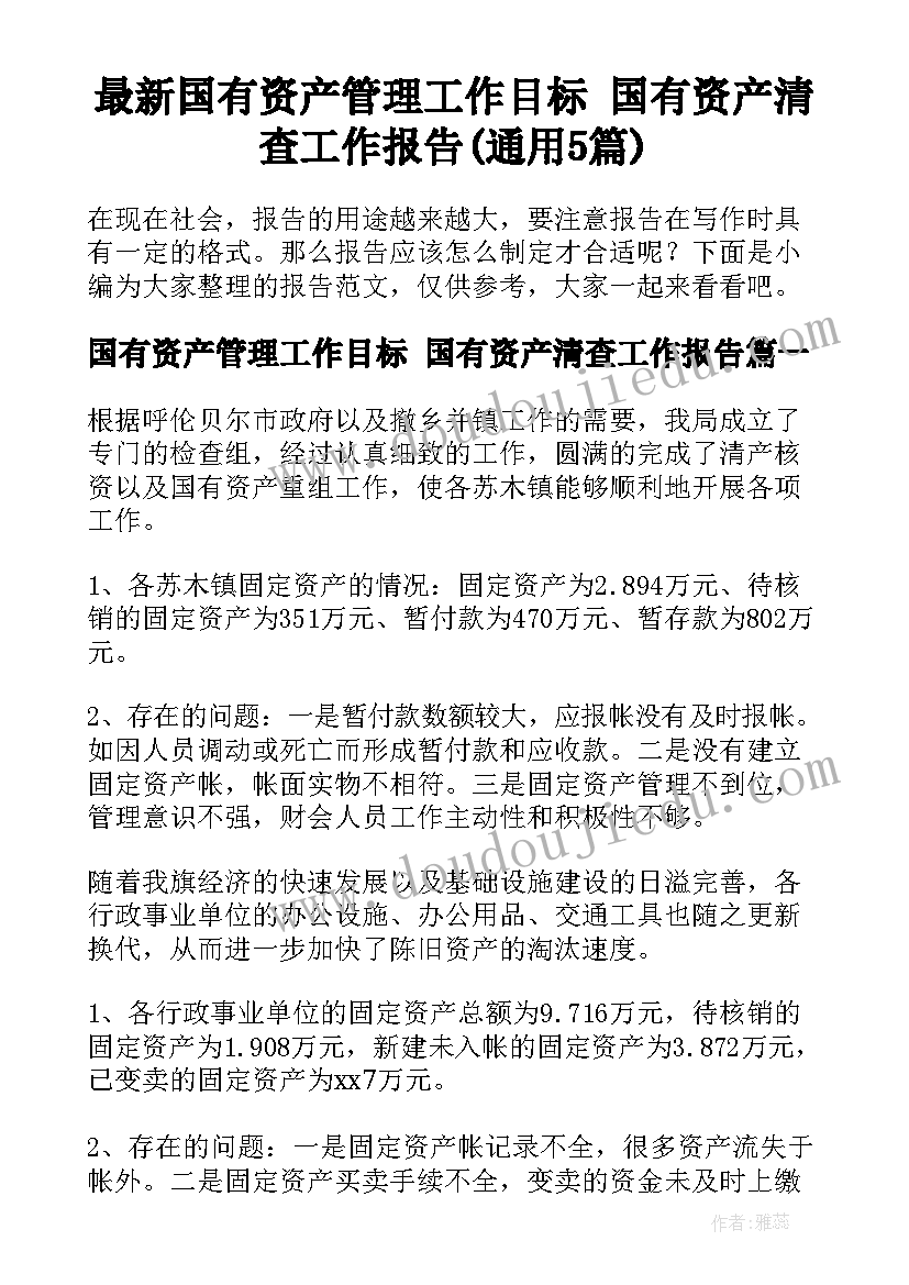 最新国有资产管理工作目标 国有资产清查工作报告(通用5篇)