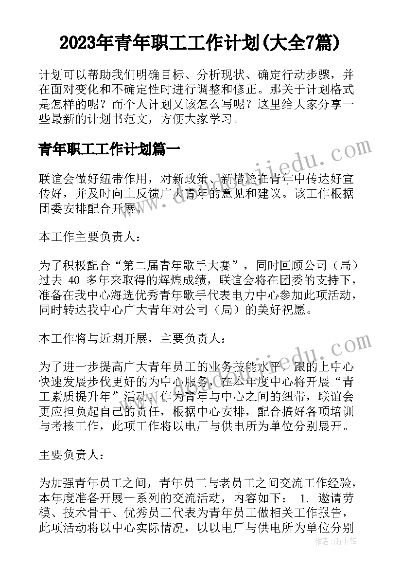 2023年青年职工工作计划(大全7篇)