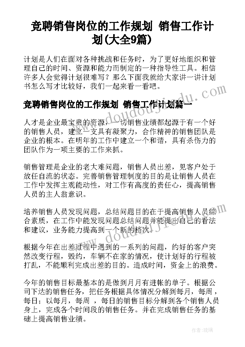 竞聘销售岗位的工作规划 销售工作计划(大全9篇)