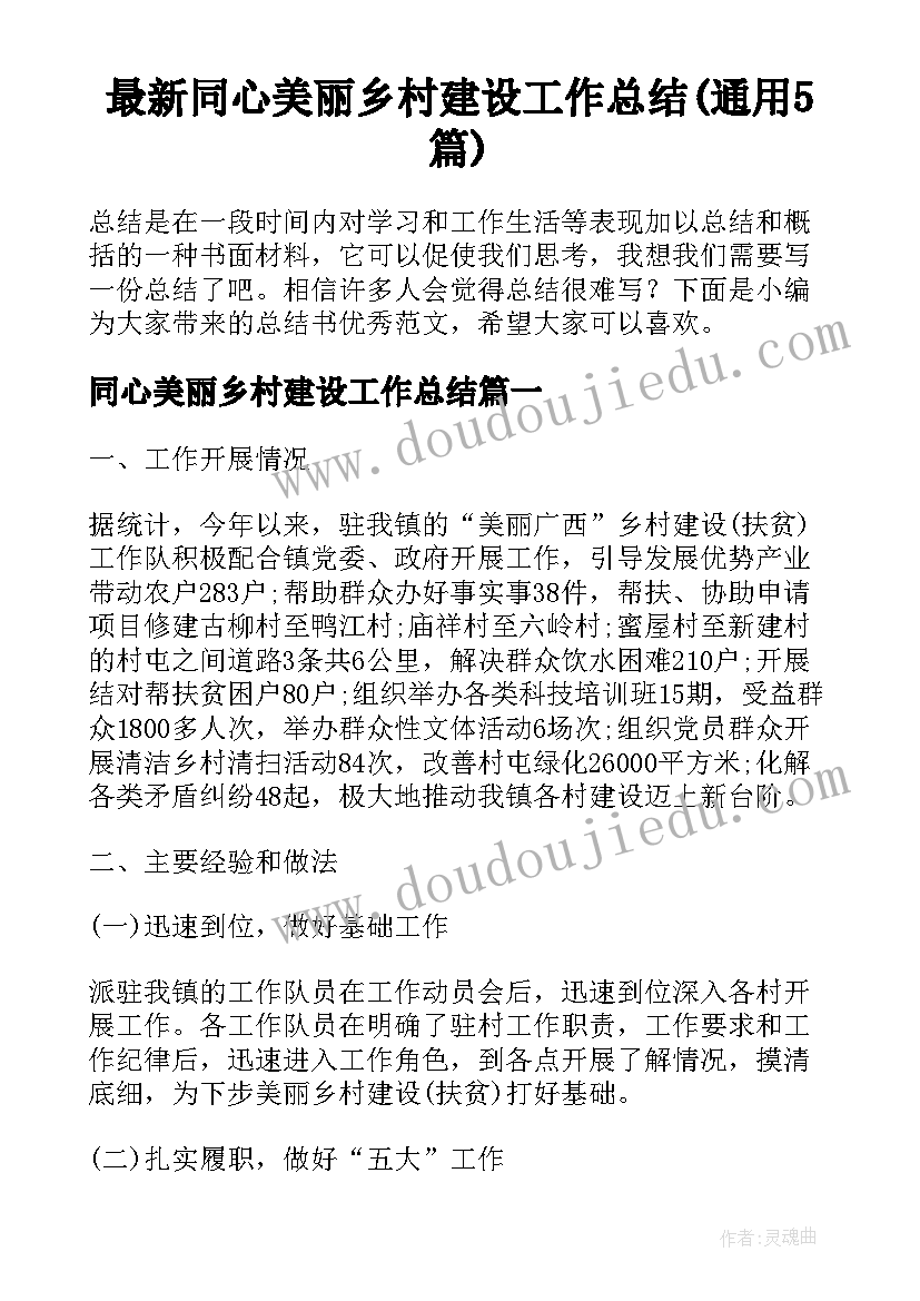 最新同心美丽乡村建设工作总结(通用5篇)