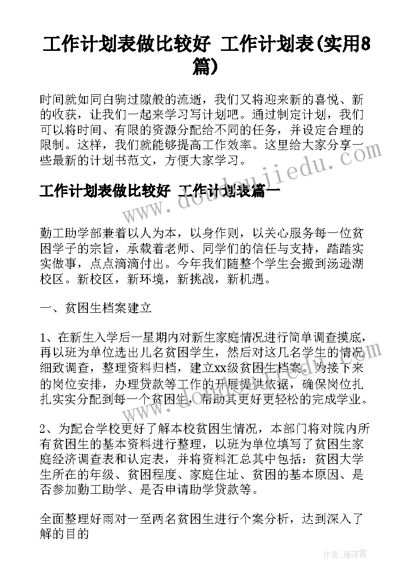 工作计划表做比较好 工作计划表(实用8篇)