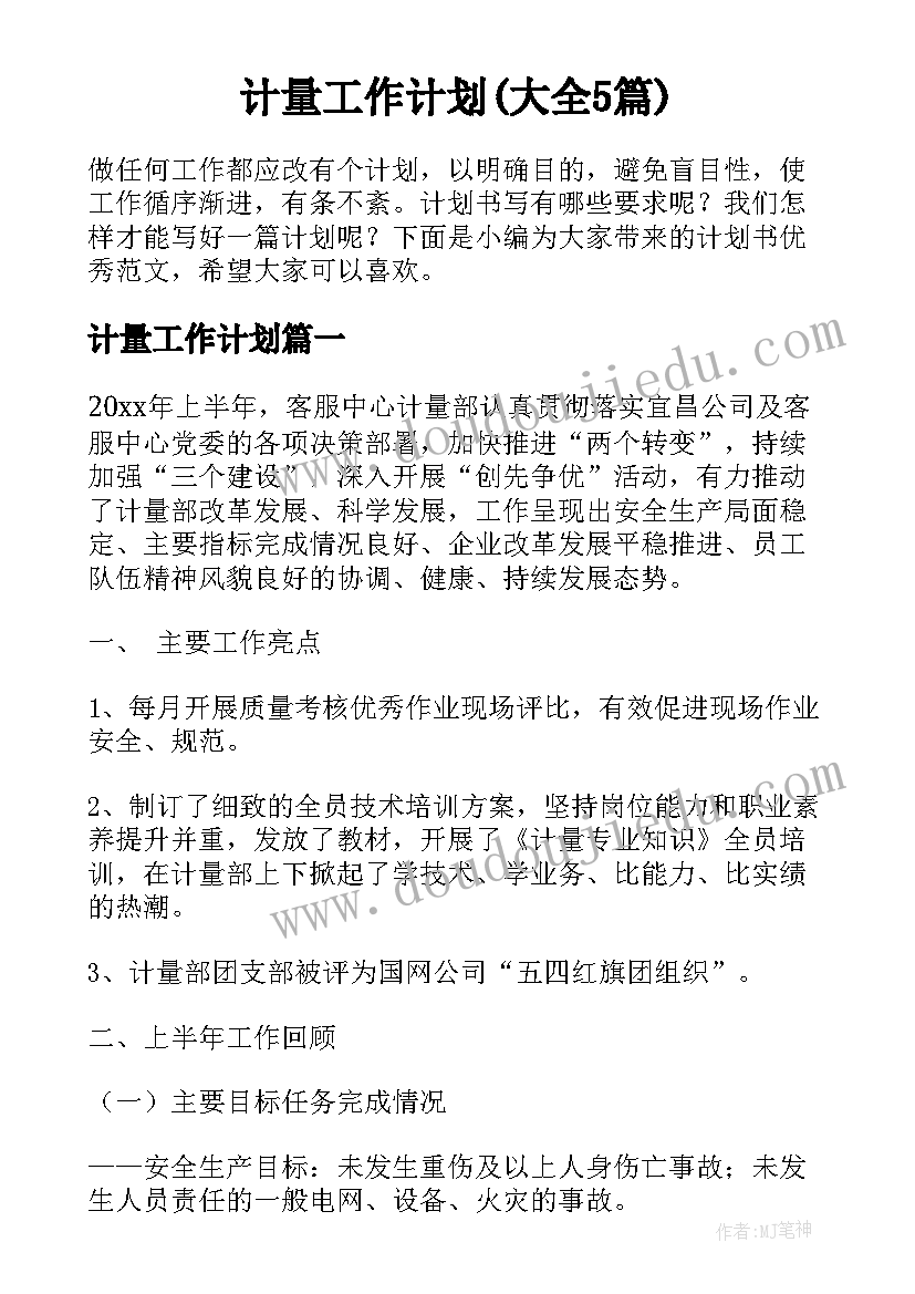 计量工作计划(大全5篇)