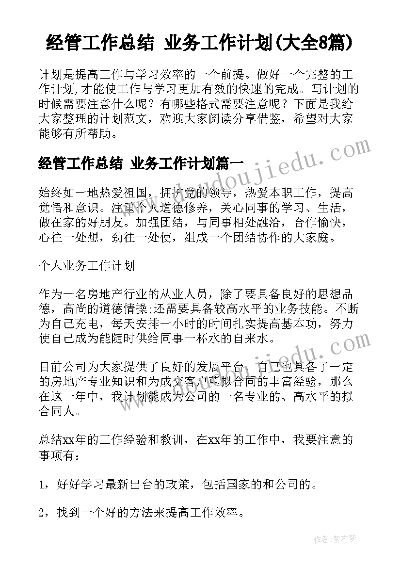 经管工作总结 业务工作计划(大全8篇)